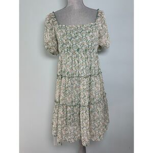 Jun & Ivy Green Cottage Floral Babydoll Puff Sleeve Prairie Tiered Dress size S